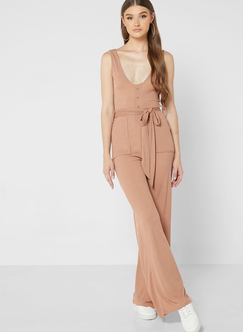 Belted Button Detail Jumpsuit