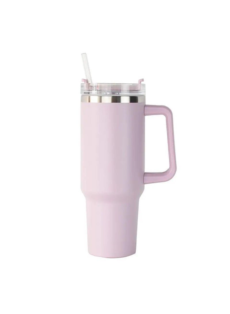 Large Capacity Thermos Cup 304 Stainless Steel Cup with Straw and Handle Pale Purple 40OZ
