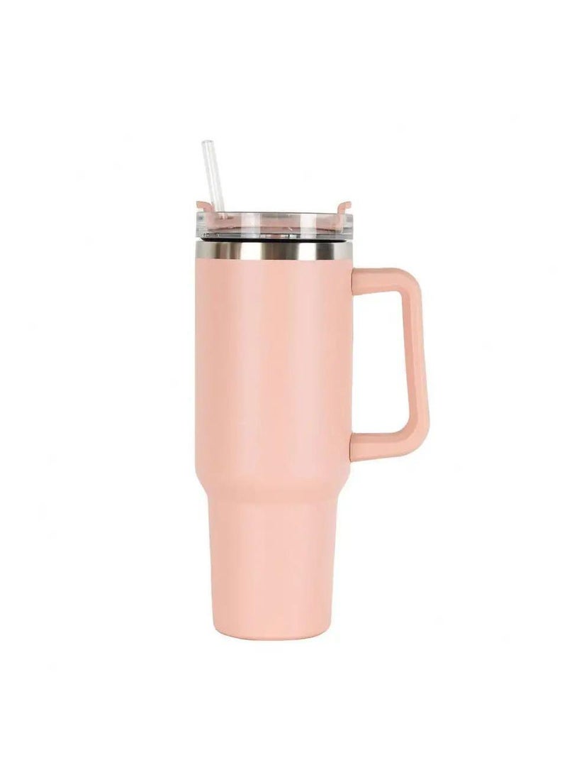 Large Capacity Thermos Cup 304 Stainless Steel Cup with Straw and Handle Flesh Pink 40OZ