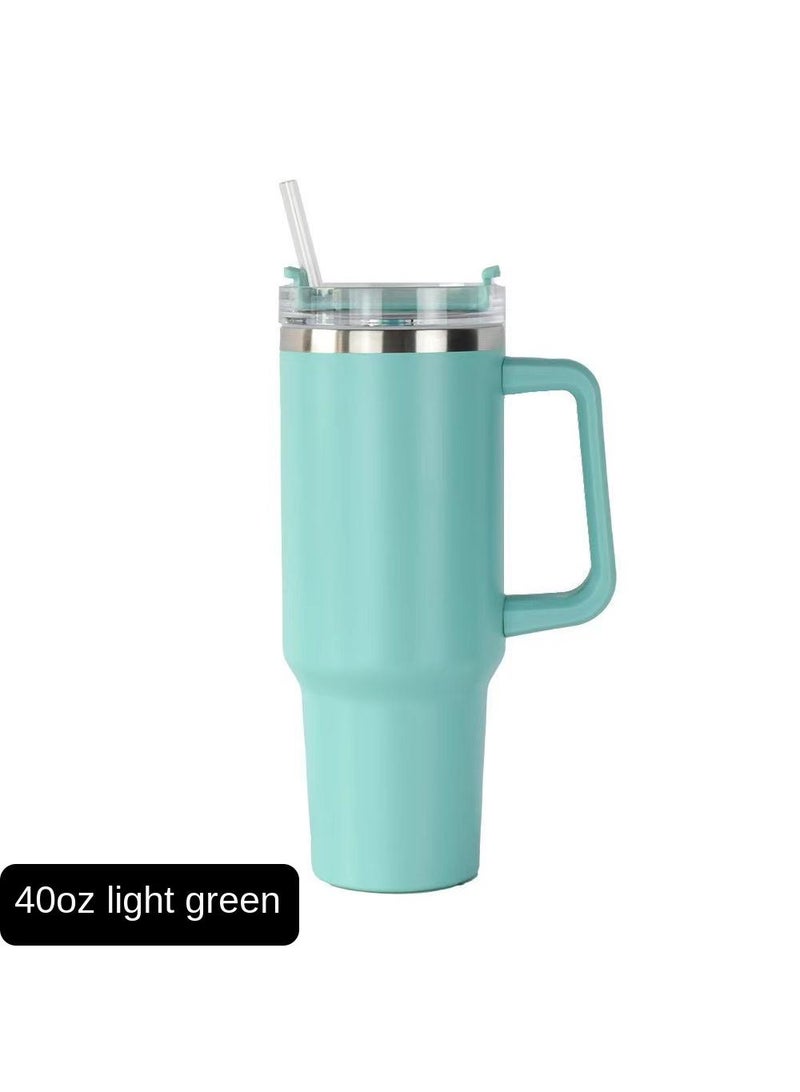 Large Capacity Stainless Steel Thermos with Handle and Straw Light Green 40oz 1200ml