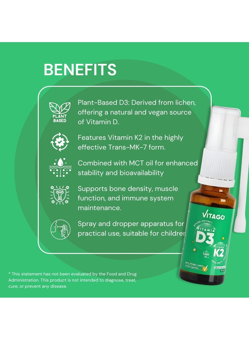 Plant-Based D3 Spray, Vitamin K2 - 1000 IU, Drops/Spray-  20ml