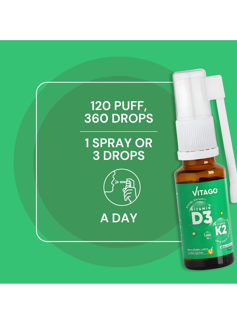 Plant-Based D3 Spray, Vitamin K2 - 1000 IU, Drops/Spray-  20ml