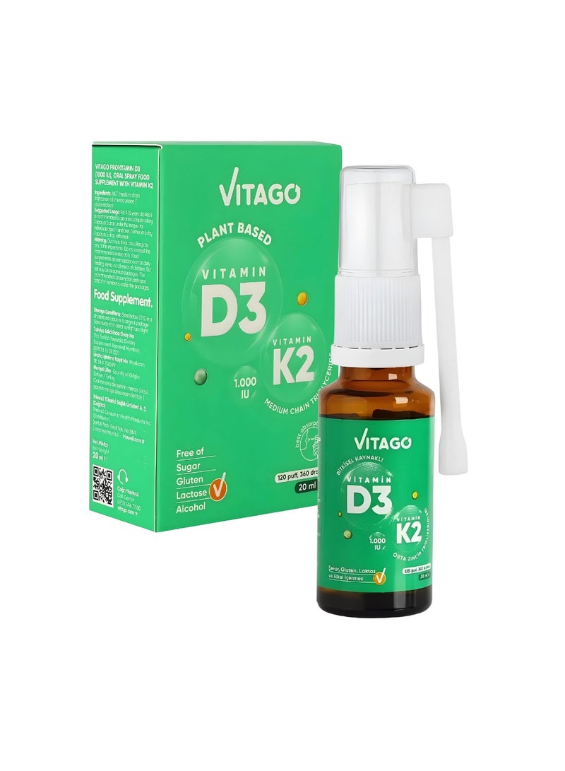 Plant-Based D3 Spray, Vitamin K2 - 1000 IU, Drops/Spray-  20ml
