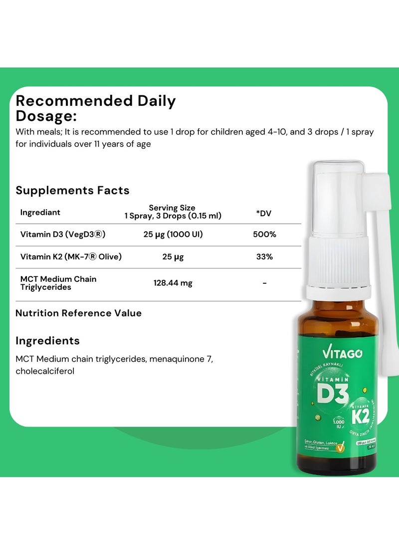 Plant-Based D3 Spray, Vitamin K2 - 1000 IU, Drops/Spray-  20ml