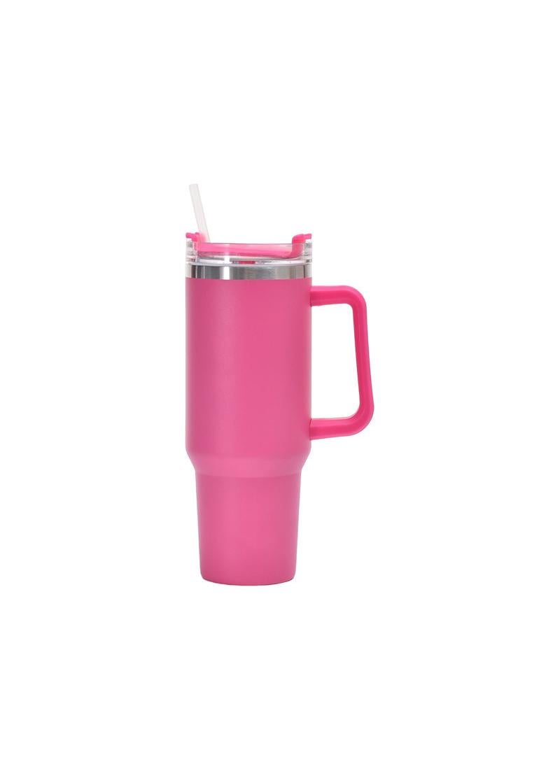 Large Capacity Thermos Cup 304 Stainless Steel Cup with Straw and Handle Rose Red 40OZ