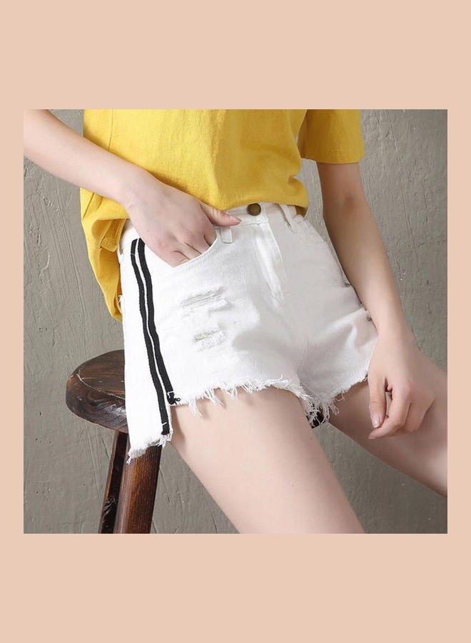 Women Girl Fashion Hole Side Stripe Denim Shorts White