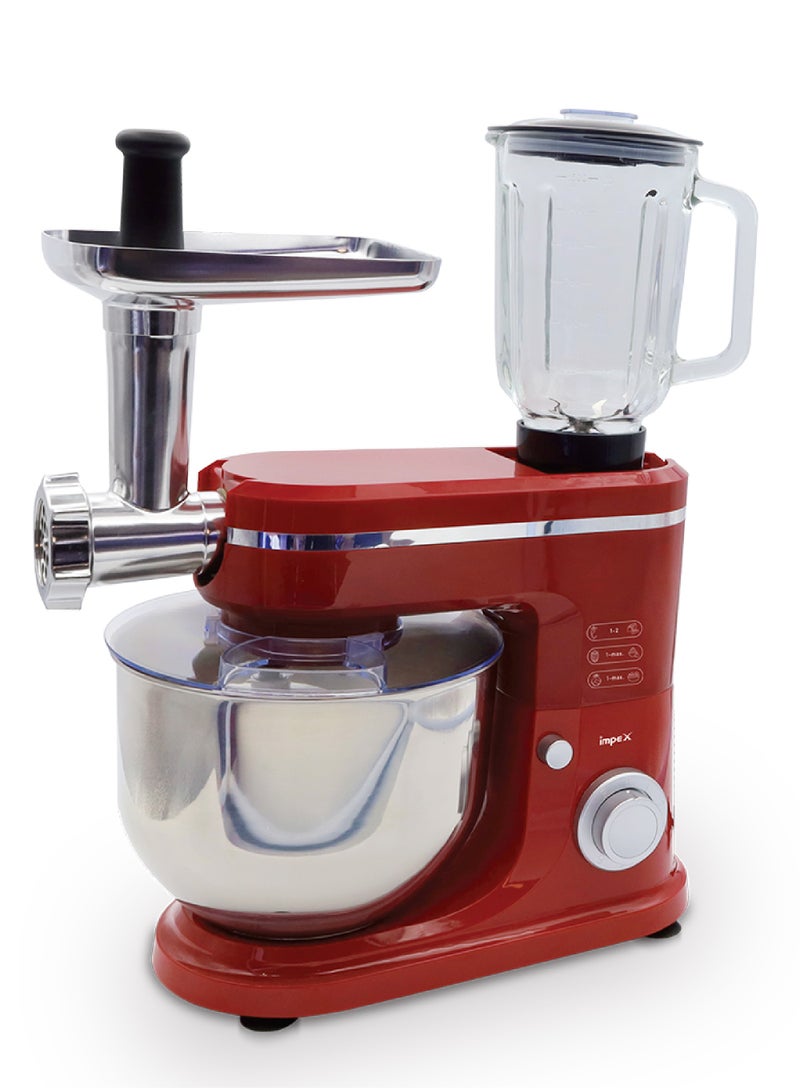 3 In 1 Kitchen Machine Stand Mixer Stainless Steel Bowl 1500ml Glass Jar 6 Speed Settings & Pulse 6 L 2000 W SM 3308 Red/Silver