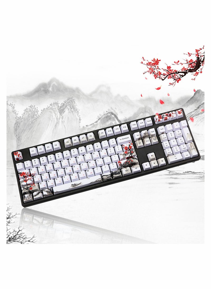 Rubber Keycaps Set, 110 Keys PBT Keycap, Anti-Slip Texture Dye-Sublimation Plum Blossom Cherry Profile Key Cap, DIY Mechanical Keyboard Keycap Set for Mechanical Keyboard