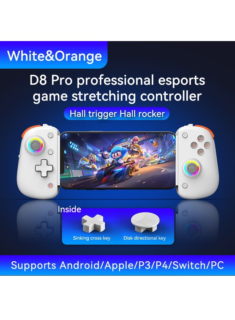 D8PRO Stretch Gaming Controller with Dual Hall Sensor, Motion Sensing, and Macro Programming, compatible with SWITCH/PS4/Android/iOS/PC (White)