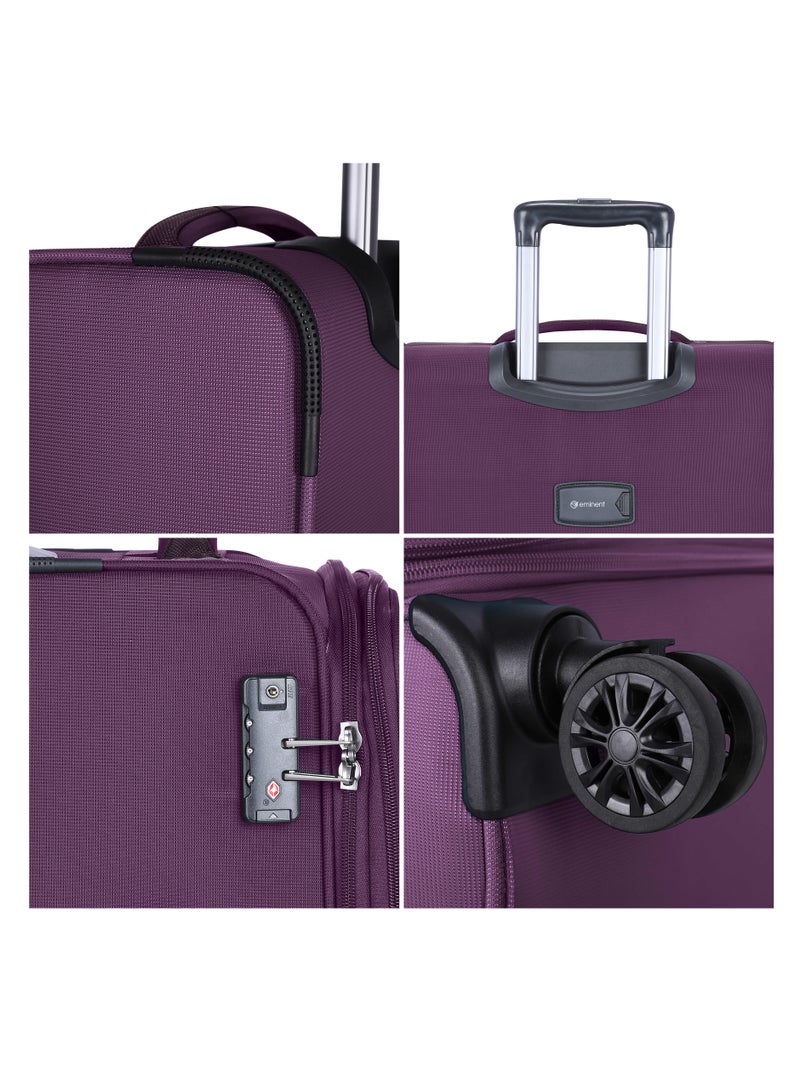 Unisex Soft Travel Bag Cabin Luggage Trolley Polyester Lightweight Expandable 4 Double Spinner Wheeled Suitcase with 3 Digit TSA lock E751 Purple
