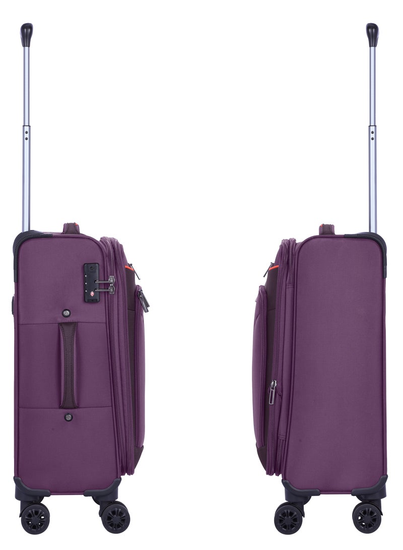 Unisex Soft Travel Bag Cabin Luggage Trolley Polyester Lightweight Expandable 4 Double Spinner Wheeled Suitcase with 3 Digit TSA lock E751 Purple