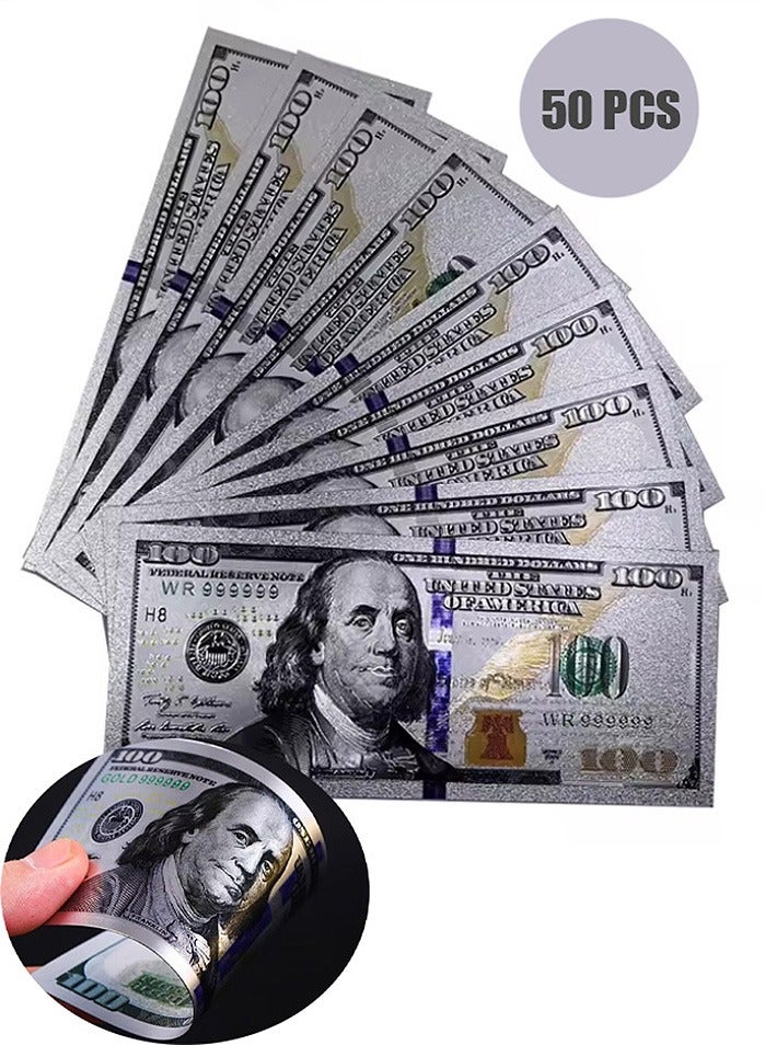 50 Pcs Silver 100 Dollar Bills 100 Gold Foil Banknotes for Party Money Albums Home Decoration
