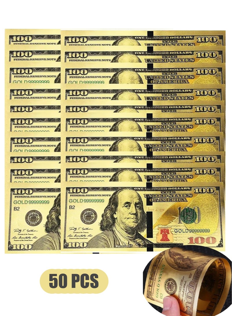 50 Pcs Gold 100 Dollar Bills, 24k Gold Leaf Bills for Party Banknotes Album Money Home Decoration,Prop Money Full Print 2 Sided Motion Picture Money Dollar Bills Realistic Money Stacks