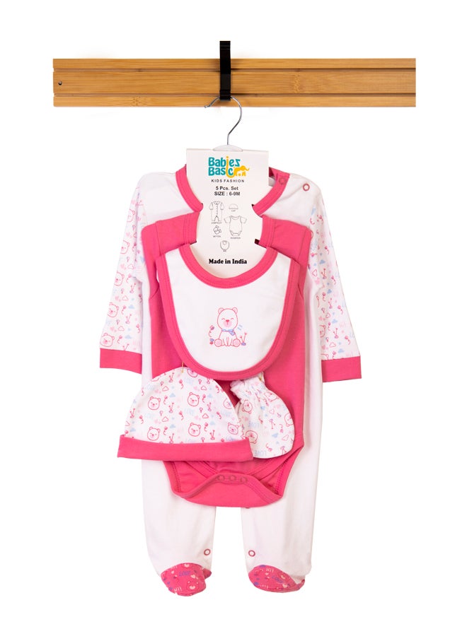 Babiesbasic 5 piece unisex 100% cotton Gift Set include Bib, Romper, Mittens, cap and Sleepsuit/Jumpsuit- Teddy
