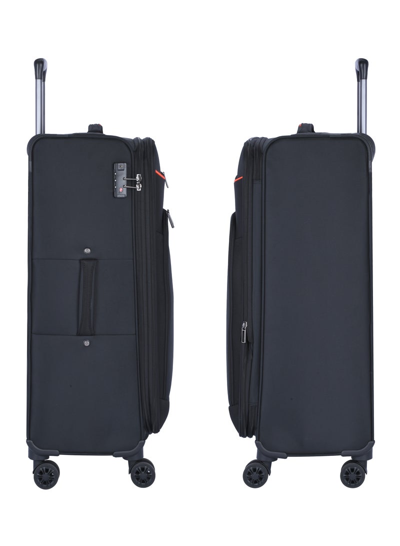 Unisex Soft Travel Bag Medium Luggage Trolley Polyester Lightweight Expandable 4 Double Spinner Wheeled Suitcase with 3 Digit TSA lock E751 Black