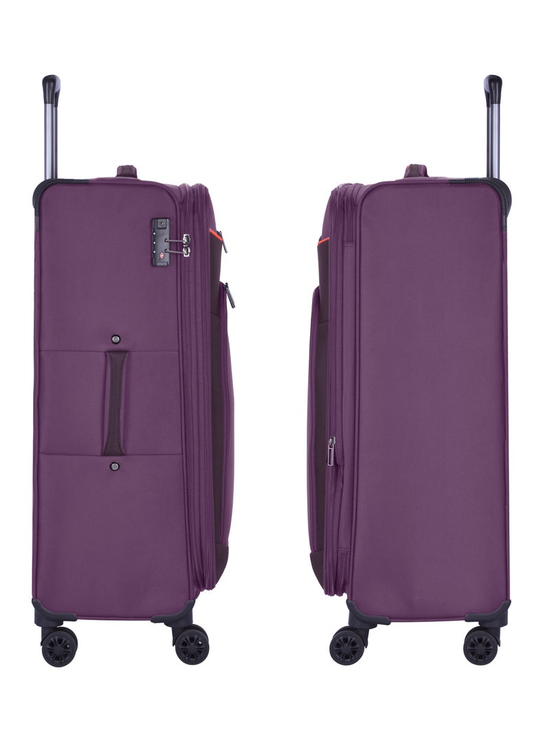 Unisex Soft Travel Bag Medium Luggage Trolley Polyester Lightweight Expandable 4 Double Spinner Wheeled Suitcase with 3 Digit TSA lock E751 Purple