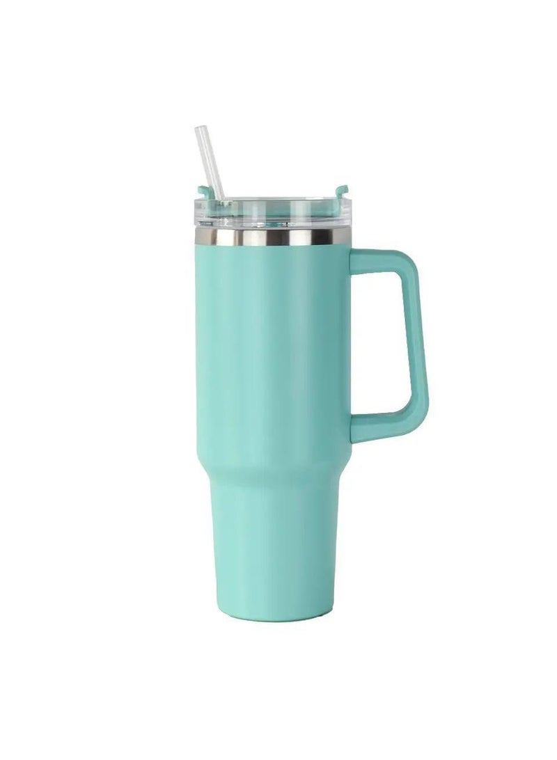 Large Capacity Thermos Cup 304 Stainless Steel Cup with Straw and Handle Light Blue 40OZ