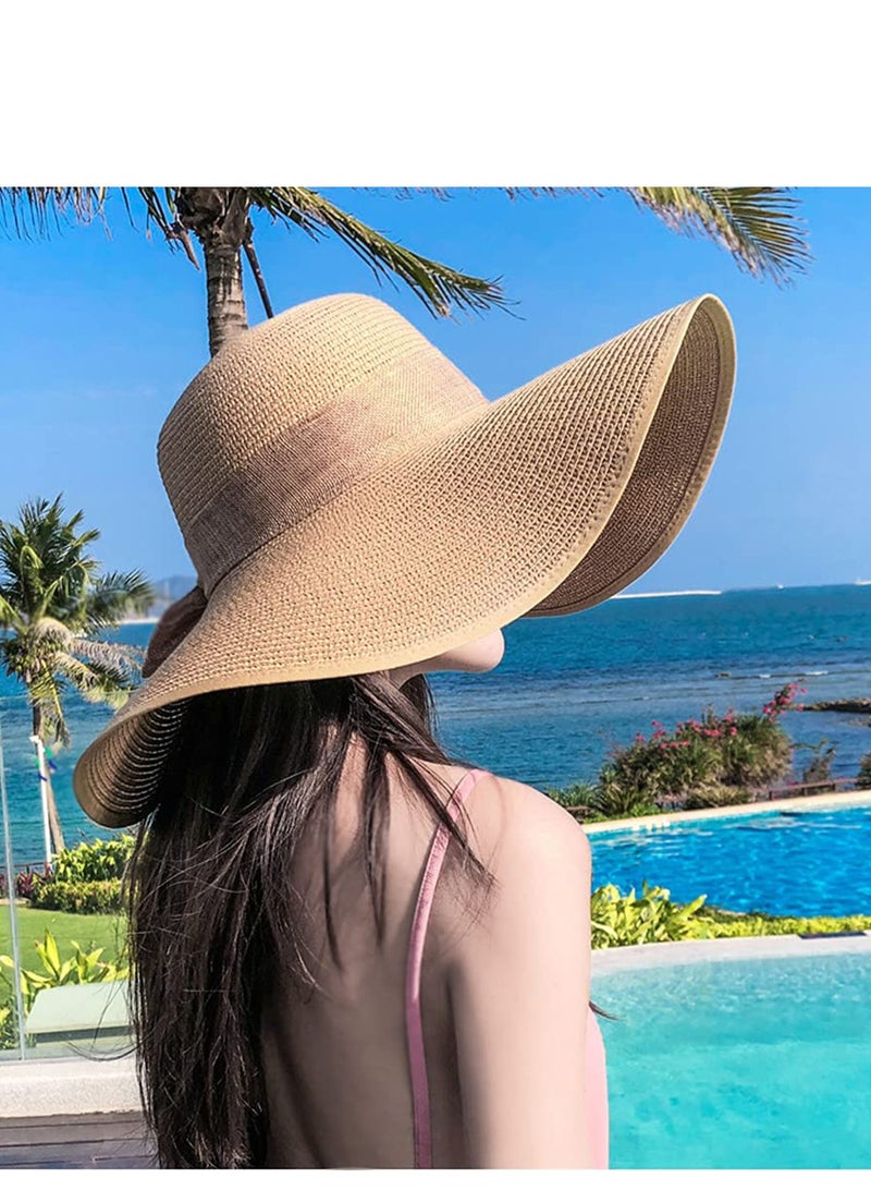 Womens Big Bowknot Straw Hat Large Floppy Foldable Roll up Beach Cap Sun Hat Summer UV Protection Beach Cap