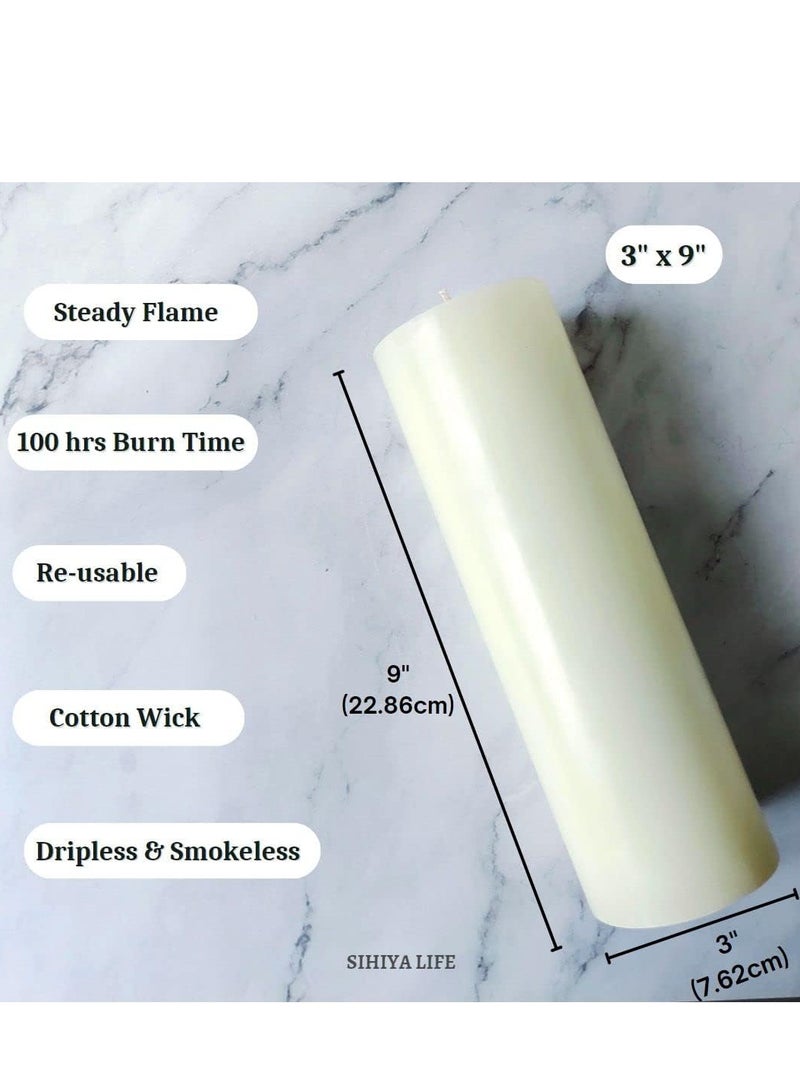 Set of 2 Ivory Pillar Candles| 3 x 12 inch | Unscented & Dripless Candles for Decor, Events, Restaurants | Natural Wax with Cotton Wicks | 135 hrs/candle Burn Time