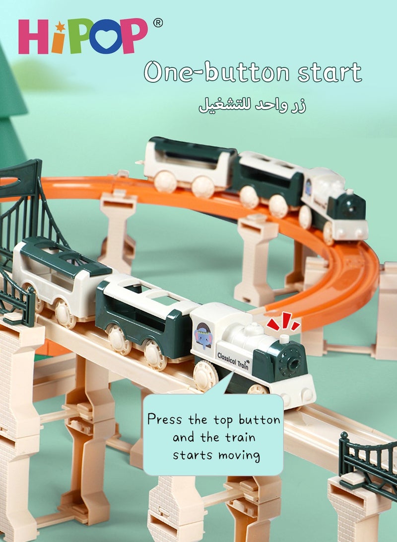 Electric Train Toy Set,Double Layer Simulation Track,Locomotive,Carriage,Road Sign,Tree,Electric Assembly Toy