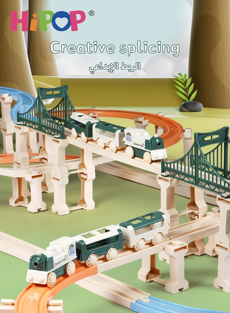 Electric Train Toy Set,Double Layer Simulation Track,Locomotive,Carriage,Road Sign,Tree,Electric Assembly Toy