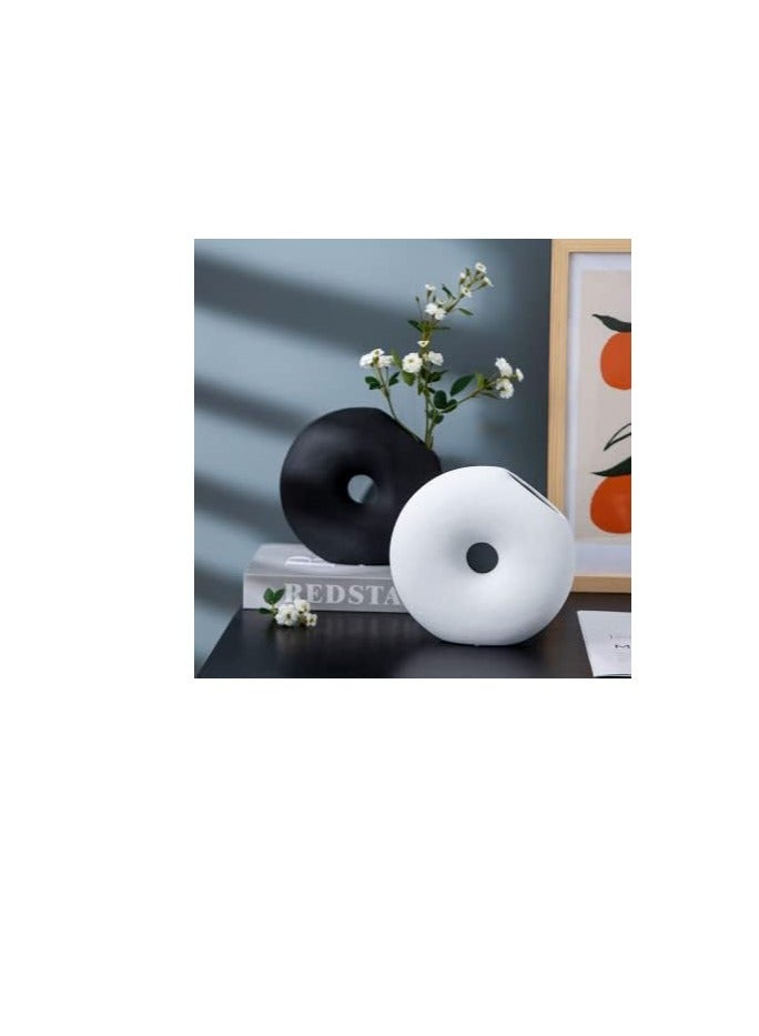 Side Cut Donut Vase | Modern Ceramic Vase for Flower Arrangements | With Vase Fillers | for Elegant Home Décor, Offices, Events, Gifting (White)
