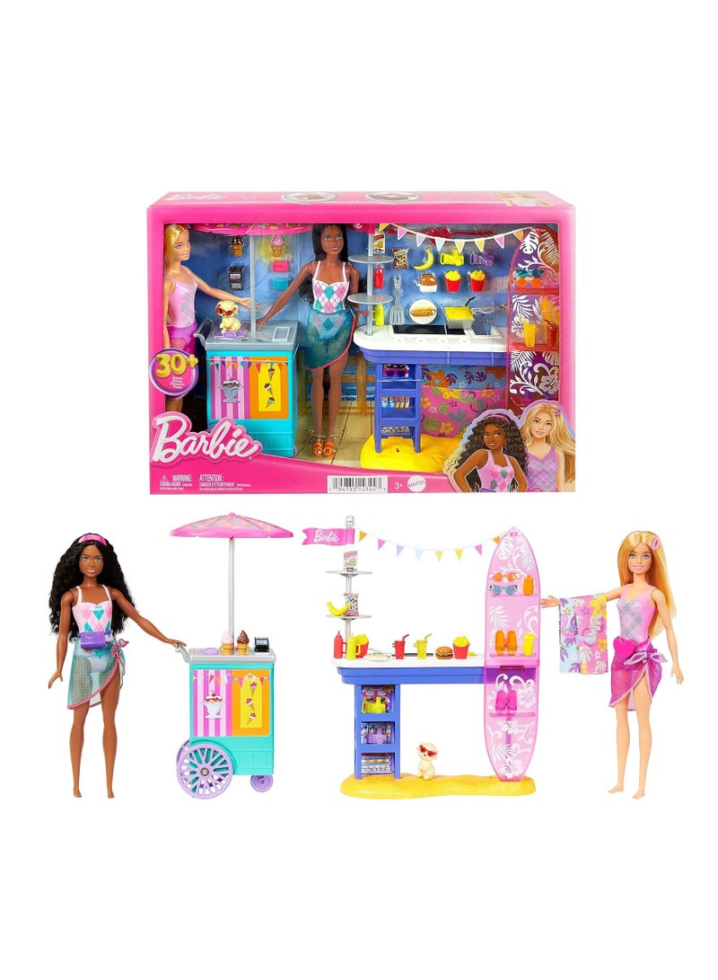 Beach Boardwalk Playset, 2 Dolls & 20+ Accessories Including Snack Stand Ice Cream Kiosk Puppy & Themed Pieces