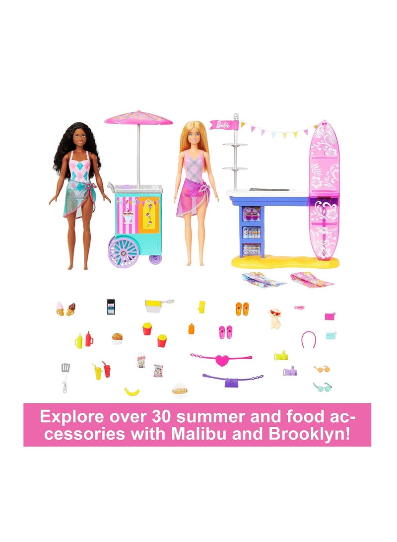 Beach Boardwalk Playset, 2 Dolls & 20+ Accessories Including Snack Stand Ice Cream Kiosk Puppy & Themed Pieces