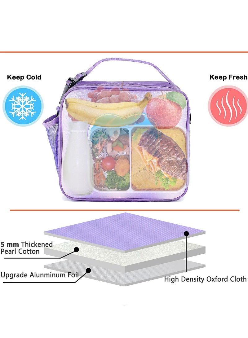 Children's Lunch Box, Rainbow Laser Tote Leakproof Insulated Lunch Bag Reusable Insulated Bento Bag Picnic Ice Bag Girls Simple Shoulder Bag for School and Outdoor Backpack (Purple)
