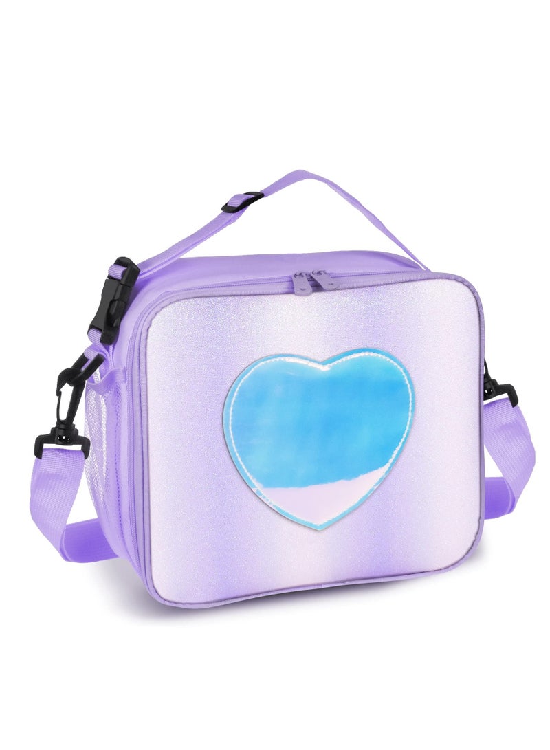 Children's Lunch Box, Rainbow Laser Tote Leakproof Insulated Lunch Bag Reusable Insulated Bento Bag Picnic Ice Bag Girls Simple Shoulder Bag for School and Outdoor Backpack (Purple)