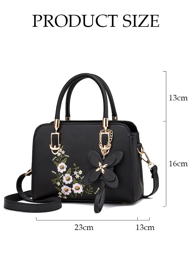 Women's Embroidery Tote Bag Handbags with Large Capacity Faux Leather Shoulder Bag Ladies Fashion Designer Satchel Crossbody Bag with Detachable Strap for Ladies