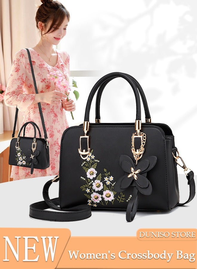 Women's Embroidery Tote Bag Handbags with Large Capacity Faux Leather Shoulder Bag Ladies Fashion Designer Satchel Crossbody Bag with Detachable Strap for Ladies