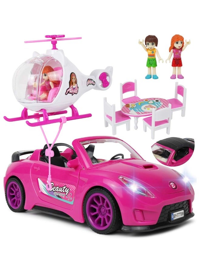 Little Rockz Doll Car Playset for Girls with Helicopter Dining Table Set 2 Figurines with Lights and Sounds Pink