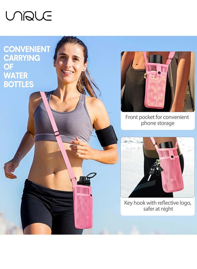 3 Pack Water Bottle Holder, Water Bottle Carrier Bag Mesh, Water Bottle Sling with Adjustable Strap for Hiking Camping Walking Sports Gym, Can Fit Most Water Bottles, with A Night Reflective Strip