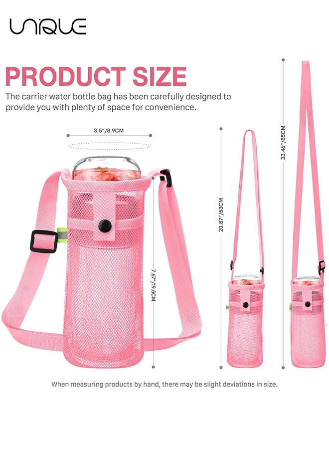 3 Pack Water Bottle Holder, Water Bottle Carrier Bag Mesh, Water Bottle Sling with Adjustable Strap for Hiking Camping Walking Sports Gym, Can Fit Most Water Bottles, with A Night Reflective Strip