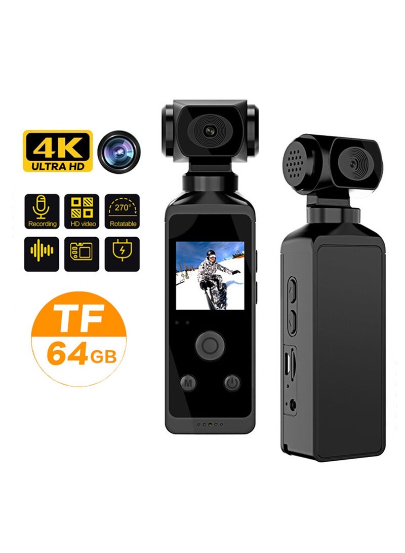 4K Ultra HD Pocket Action Camera 270° Rotatable Vlog Wifi Mini Sports Cam Waterproof Case Helmet Travel Bicycle Driver Recorder (64GB)
