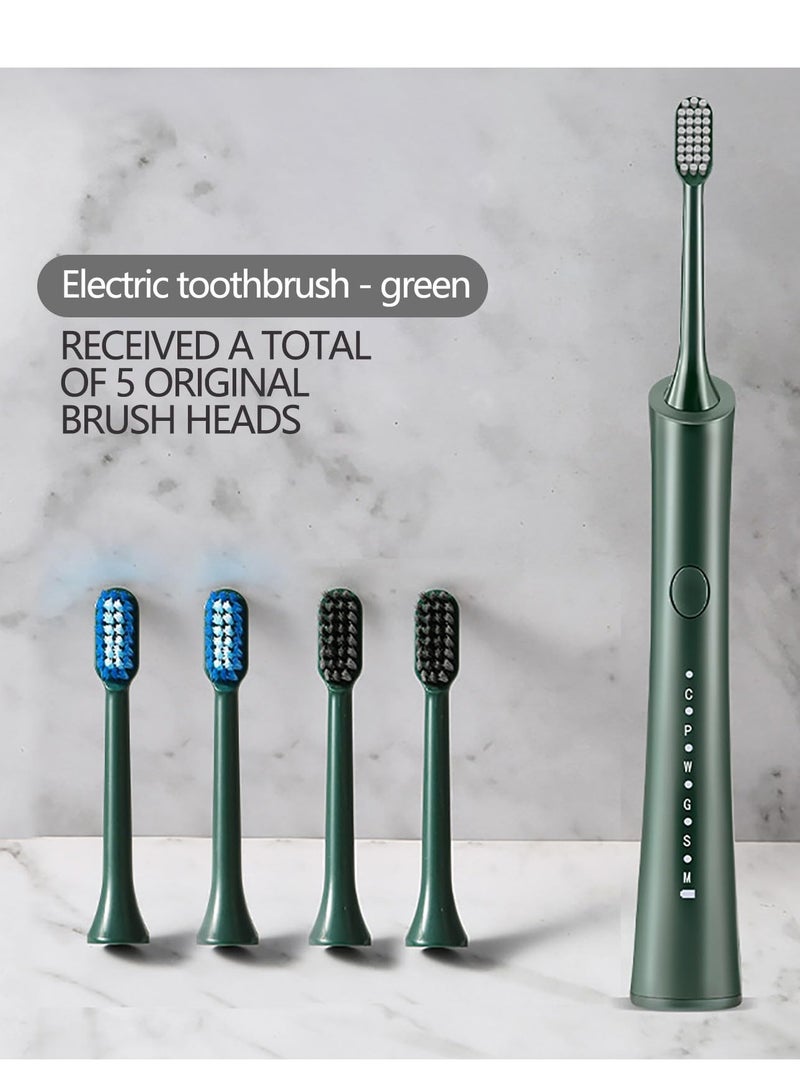 Electric Toothbrush, Rechargeable 32000 Times/min High Frequency Sonic Toothbrush Last with 6 Modes for Adults Kids, Portable Electric Toothbrushes for Adults with 5 Brush Heads (Green)