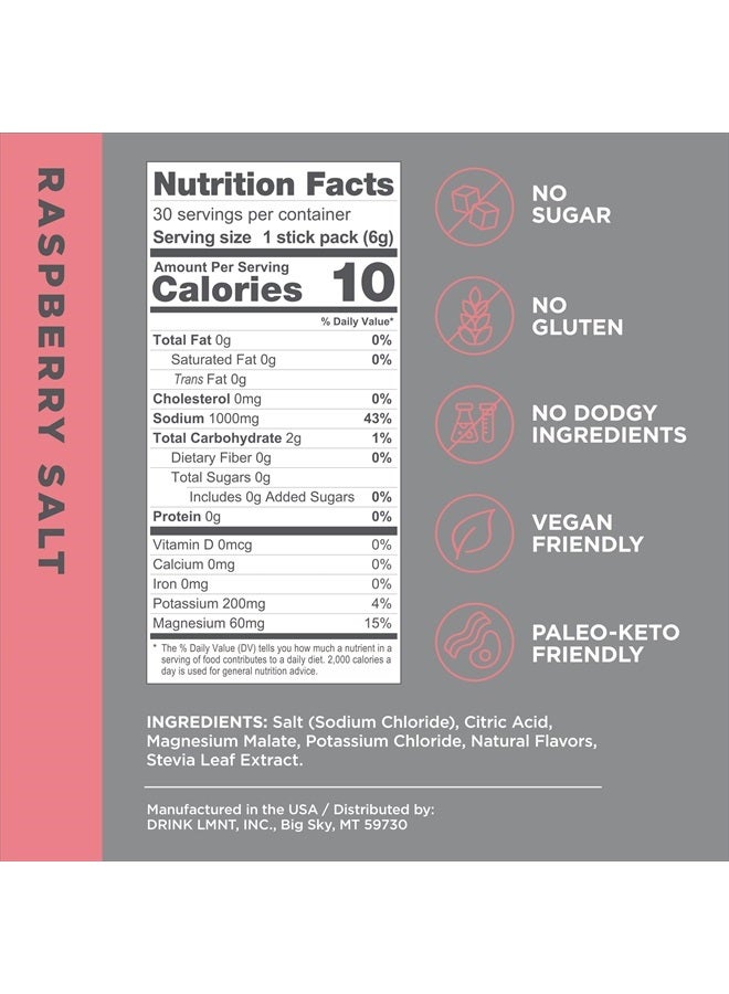 LMNT Zero-Sugar Electrolytes - Raspberry Salt - Hydration Powder Packets | No Dodgy Ingredients | Keto & Paleo Friendly | 30 Sticks