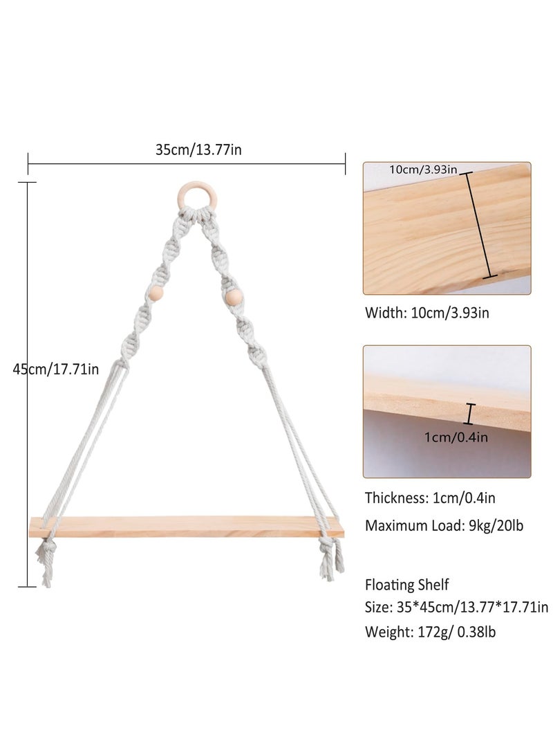 Macrame Hanging Shelves Boho Wall Decor, Macrame Wall Hanging Shelf - Boho Wood Wall Shelves with Wood Beads, Rustic Display Shelving for Bedroom Living Room Preppy Room Nursery Decor