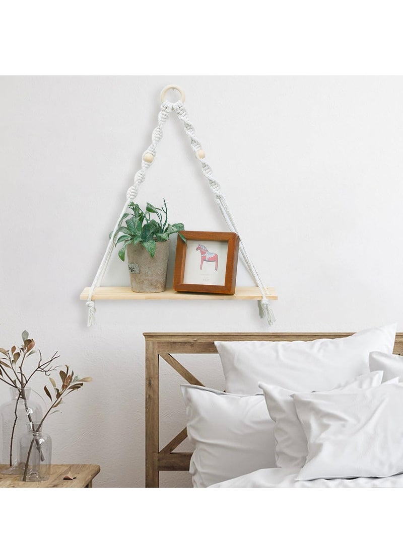 Macrame Hanging Shelves Boho Wall Decor, Macrame Wall Hanging Shelf - Boho Wood Wall Shelves with Wood Beads, Rustic Display Shelving for Bedroom Living Room Preppy Room Nursery Decor