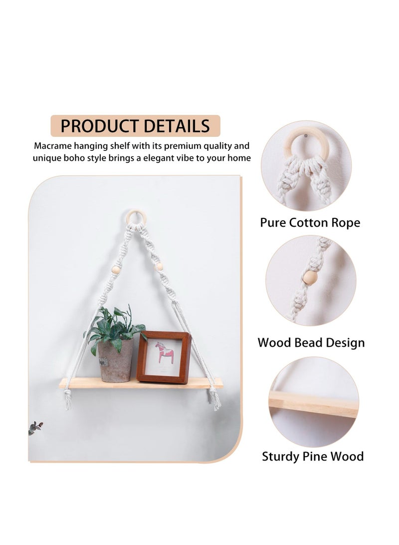 Macrame Hanging Shelves Boho Wall Decor, Macrame Wall Hanging Shelf - Boho Wood Wall Shelves with Wood Beads, Rustic Display Shelving for Bedroom Living Room Preppy Room Nursery Decor