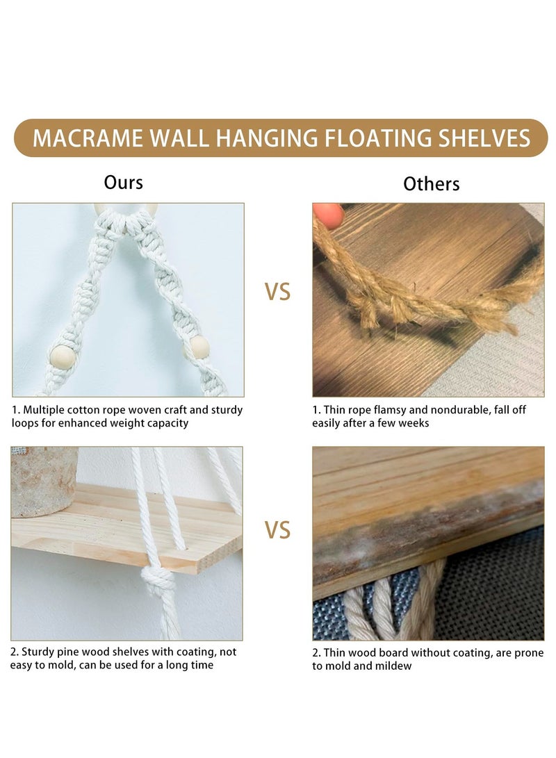 Macrame Hanging Shelves Boho Wall Decor, Macrame Wall Hanging Shelf - Boho Wood Wall Shelves with Wood Beads, Rustic Display Shelving for Bedroom Living Room Preppy Room Nursery Decor