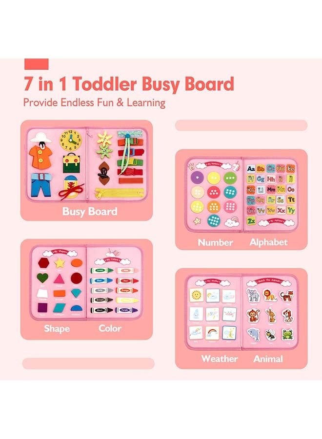 Busy Board - Montessori Toys for 2 Year Old Girl Bithday Gift - 7 in 1 Preschool Learning Activities with Life Skill, Alphabet, Number, Shape, Color, Animal, Weather - Toddler Travel Toys