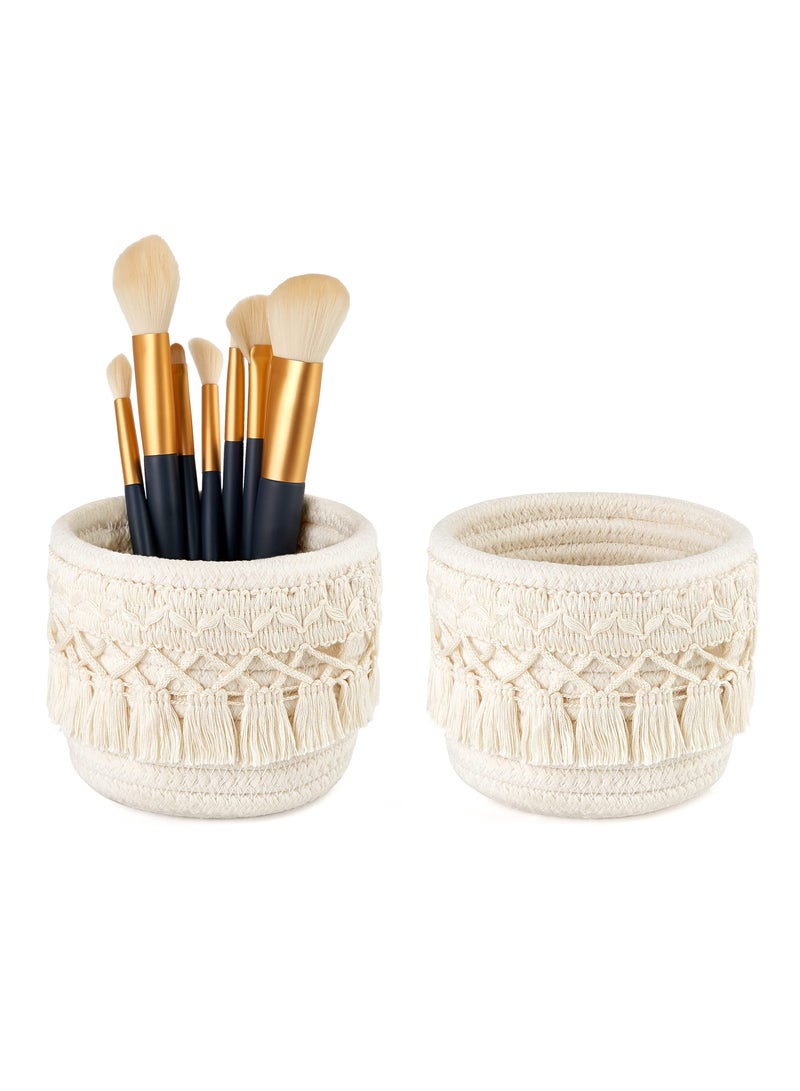 Makeup Brush Holder, 2 Pcs Comb Brushes Mini Storage Basket Set, Boho Decor Basket for Bathroom, Macrame Cotton Rope Woven Cosmetics Desk Storage for Pen Pencil Box Container