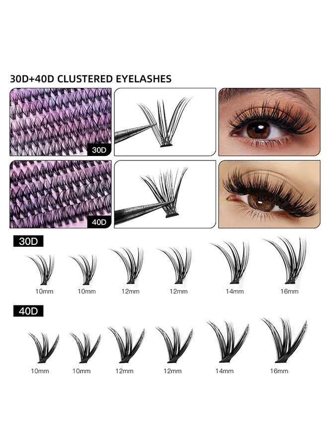 Segmented false eyelash set 240 clusters, 30D 40D Mix Lash Clusters, with Double Headed Glue, Tweezers, and Eyelash Brush, Eyelash Extension Kit, Enlarge Eyes Naturally, Curl Eyelash, DIY Eyelashes