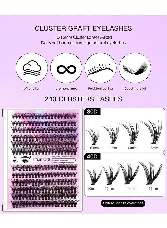 Segmented false eyelash set 240 clusters, 30D 40D Mix Lash Clusters, with Double Headed Glue, Tweezers, and Eyelash Brush, Eyelash Extension Kit, Enlarge Eyes Naturally, Curl Eyelash, DIY Eyelashes