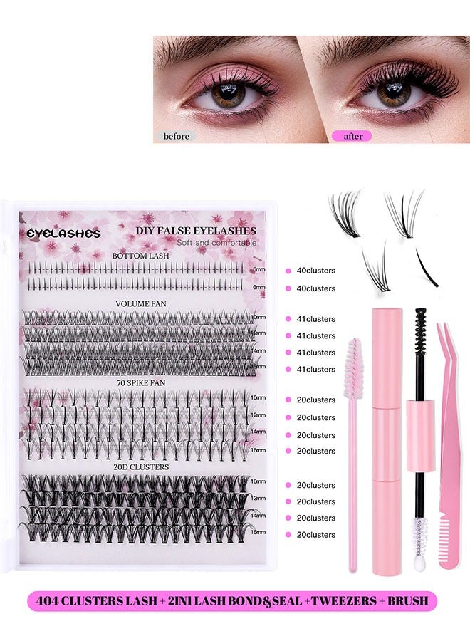 4 Styles DIY Eyelash Extension Kit 404 Clusters, 5-16mm Mixed Individual Lashes Cluster, Natural Curl Personal Eyelash Set, Segmented False Eyelashes, Thick Eyelashes