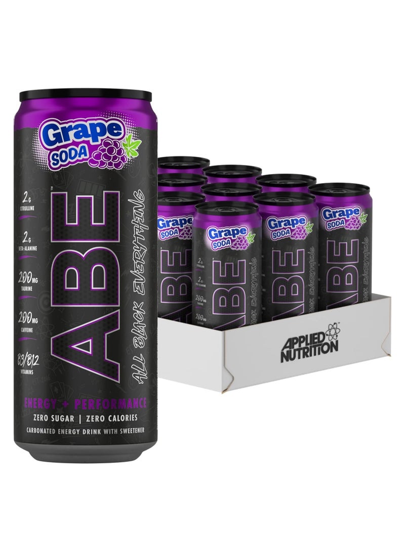 ABE Pre Workout Cans - All Black Everything Energy + Performance Drink, ABE Carbonated Beverage Sugar Free with Caffeine - Pack of 12 Cans x 330ml -American Grape