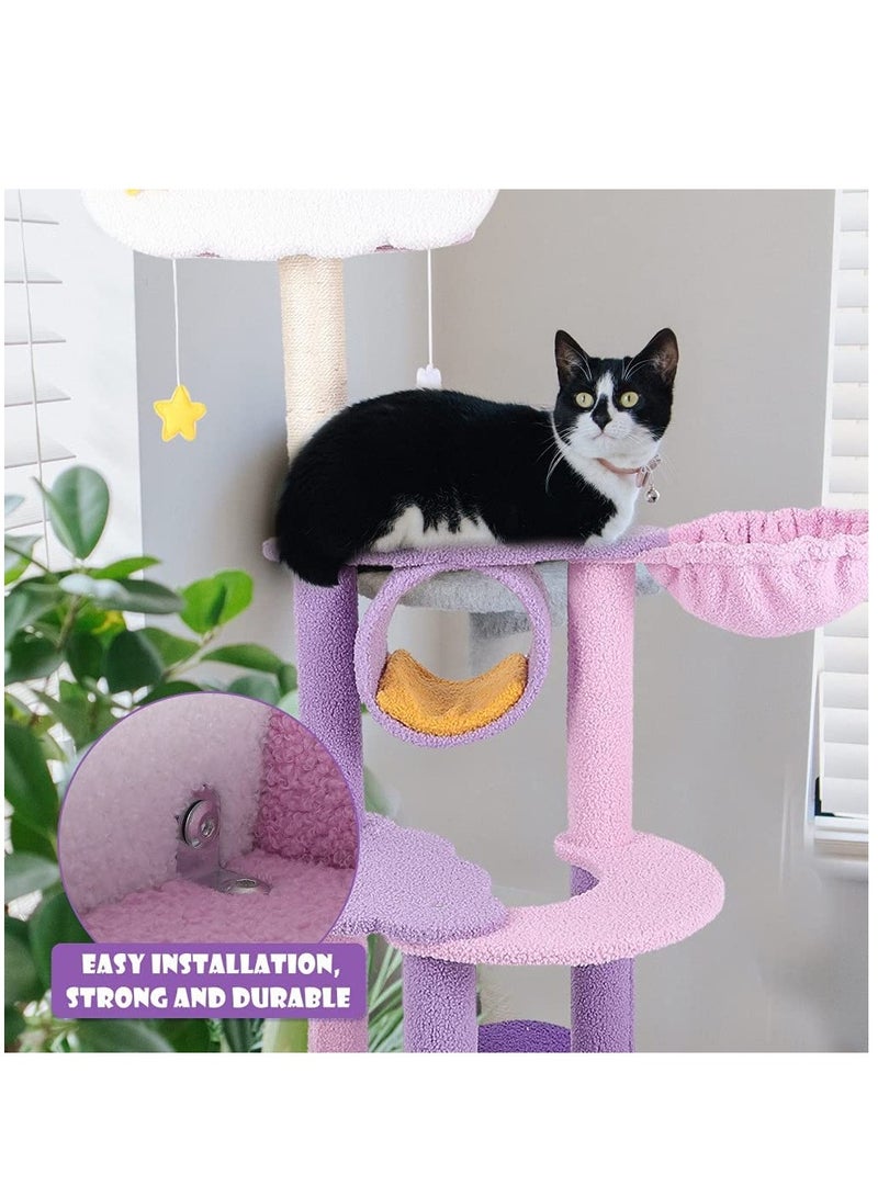Cute Purple Cat Tree for Indoor Cats Multi-Level Cat Tower with Sisal Scratching Post  Plush Dangling Balls Pet Jungle Gym Cozy Plush Flower Cat Tree