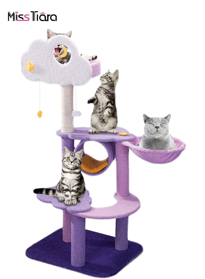 Cute Purple Cat Tree for Indoor Cats Multi-Level Cat Tower with Sisal Scratching Post  Plush Dangling Balls Pet Jungle Gym Cozy Plush Flower Cat Tree